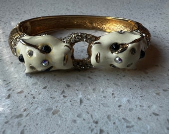 Vintage CINER Double Panther White Enamel Clamper Bracelet *RARE*