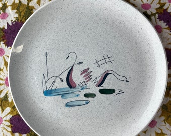 Salins Riviera 9.5" Diameter x 1"  Plate Hand Painted Spotted Stoneware France Faienceries Vintage Abstract Swan Continentals Pattern 50s