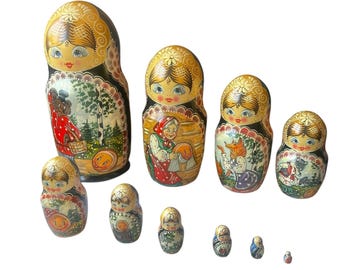 10-Piece Hand-Painted Russian Matryoshka Nesting Dolls Set With Fairy Tale Story
