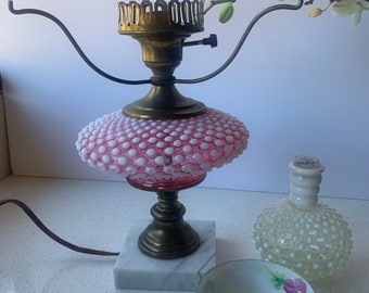 Cranberry Fenton Hobnail Lamp Marble Base Brass Fittings