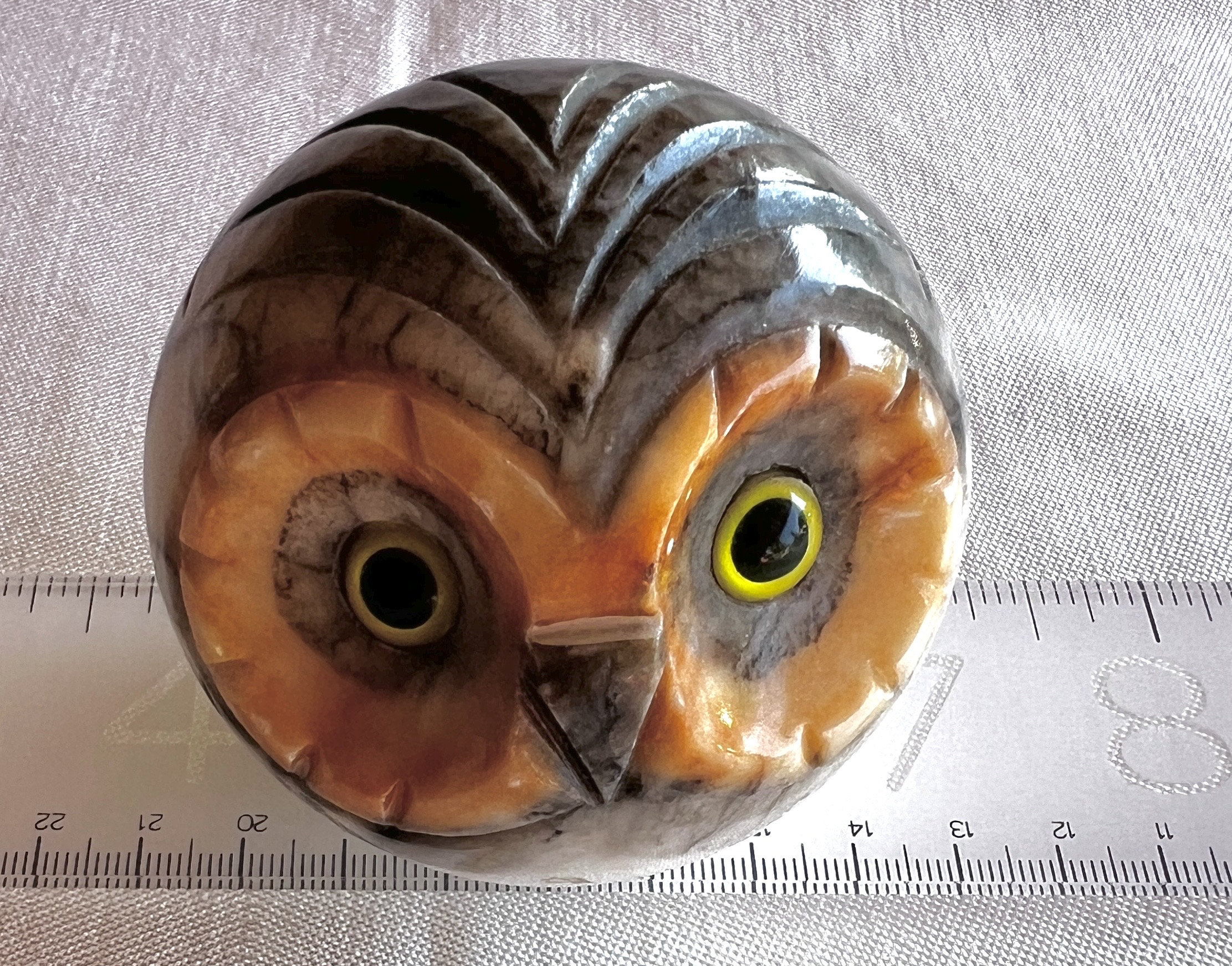 Noymer Alabaster Carved Owl Paperweight w Original Foil Label Made in Italy 2" tall Handmade