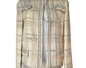 I Magnin & Co Cream  Black Plaid Wool Womens Tweed Blazer Jacket With Front Pockets
