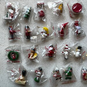Lot of 20 Vintage Wooden Christmas Trees Ornaments Taiwan Original Wrapping Santa Angel North Pole Elf Monkey Sled Drum Snowman Soldier