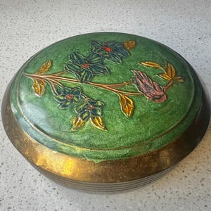 Vintage Brass & Enamel Floral Bird Trinket Box With Lid