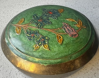 Vintage Brass & Enamel Floral Bird Trinket Box With Lid