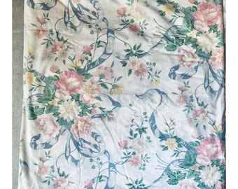 Cannon King-Size Flat Sheet Pink Yellow Blue Bows VTG Cottage Core Country 1980s