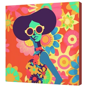 Psychedelic Flower Child – 12&quot;x12&quot; Wrapped Canvas Print, Retro 1960s Pop Art