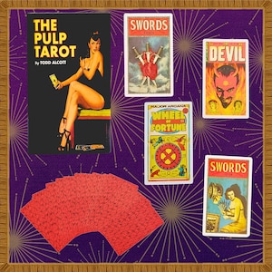 Baraja, guía y estuche de Tarot Pulp: cultura pop vintage mística, estilo místico y mágico