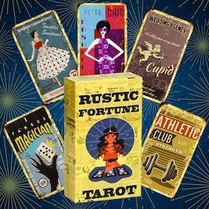 May include: A collection of vintage-style metal signs and a tarot card box. The signs feature retro fashion, a wedding agency, a magician, and an athletic club. The tarot box is yellow with the words "RUSTIC FORTUNE TAROT".