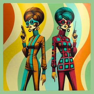 May include: Illustration of two women in retro outfits, each holding a gun. One wears an orange jumpsuit with teal stripes and teal sunglasses. The other wears a red and black checkered outfit and pink sunglasses. The background has a wavy pattern.
