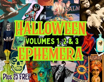 Könnte beinhalten: Eine digitale Collage mit Halloween-Motiven, darunter Vintage-Illustrationen, Fotos von Personen, Totenköpfe, Katzen und Spinnen. Der Text lautet HALLOWEEN VOLUMES 1, 2 & 3 EPHEMERA, Plus 25 FREE Bonus Sheets! und 249 IMAGES! in leuchtendem Grün.