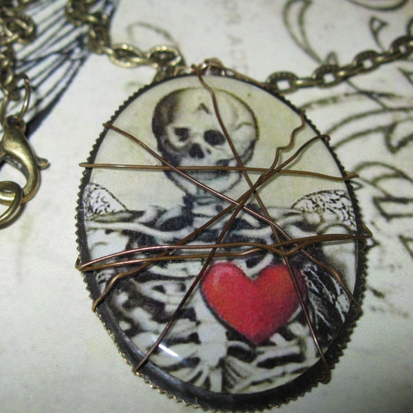 Quirky Skeleton Necklace Love is Strange - vintage image corpse, red heart, everlasting love, edgy romance forever, brass 18 inch chain