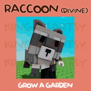 May include: A digital illustration of a pixelated raccoon with gray and white fur, set against a blue sky background. The text "RACCOON (DIVINE)" is at the top, and "GROW A GARDEN" is at the bottom. The image has a cartoonish style.