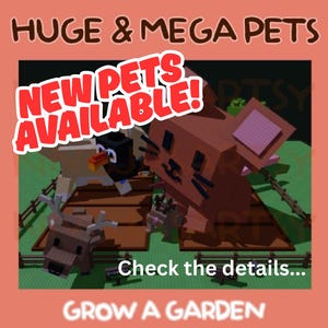 以下が含まれることがあります： "HUGE & MEGA PETS" の広告。マウス、トナカイ、ペンギンなど、ピクセル化された動物のフィギュアが描かれています。「NEW PETS AVAILABLE!」のテキストが目立っています。「Check the details...」というフレーズも表示されています。