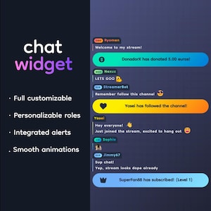 Könnte beinhalten: Digitales Chat-Widget-Interface mit dunklem Hintergrund. Der Text "chat widget" ist weiß und lila. Funktionen umfassen anpassbare Rollen, integrierte Benachrichtigungen und flüssige Animationen. Chat-Nachrichten in farbigen Sprechblasen.