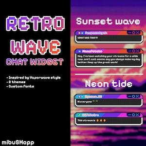 Puede incluir: Un widget de chat de estilo retro con dos temas: ola de puesta de sol y marea de neón. El widget presenta un diseño pixelado con una estética vaporwave. El texto "RespawnAgain" aparece en un cuadro de chat con el texto "WHAT WAS THAT?!".