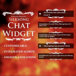 Op de afbeelding: Een digitale afbeelding voor een Hollow Knight: Silksong chatwidget. Het ontwerp bevat de titel van het spel, chatgerelateerde tekst en aanpasbare opties. De achtergrond is een verloop van rood en oranje.