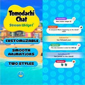 May include: A digital interface for a "Tomodachi Chat Stream Widget" with a yellow and blue color scheme. Features include customizable options, smooth animations, and two styles. Chat bubbles display user comments and emojis.