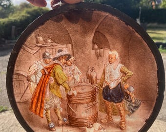 Antique Hand Painted Stained Glass Roundel: Sepia Tones, 1800s