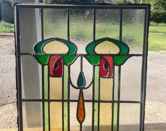 Antique Stained Glass Window Panel: Art Nouveau Floral Design