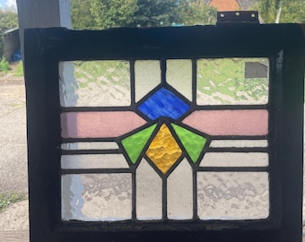 Art Deco Stained Glass Window: Geometric Design, Wooden Frame