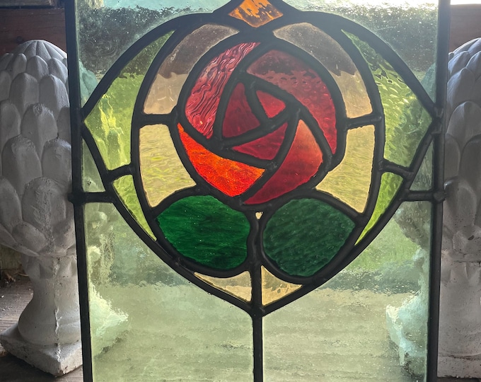 Featured listing image: Antique Art Nouveau Stained Glass Window Panel: Rose Petal Design.