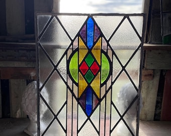 Antique Art Deco Stained Glass Window Panel: Geometric Design