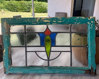 Antique Art Deco Stained Glass Window Panel – Textured Geometric Design Royal Blue Lime Green and Red Glass
