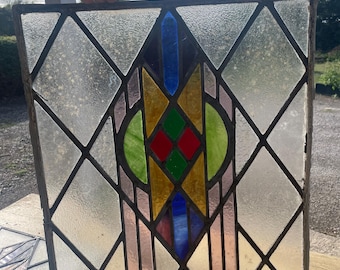 Antique Art Deco Stained Glass Window Panel: Geometric Design