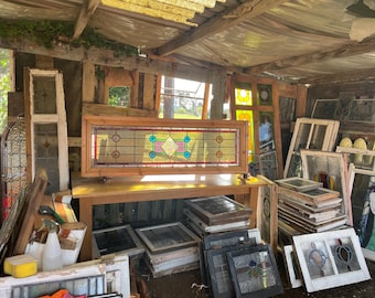 DS02 Beautiful Antique Victorian (Large) Stained Glass Window Set in Heavy Thick Frame