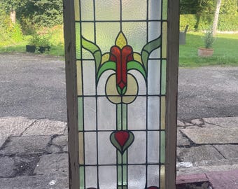 Art Nouveau Stained Glass Window Panel: Floral Motif, Circa