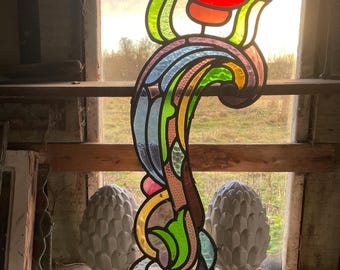 Rare English Antique Art Nouveau Stained Glass Fragment From a Larger Window Dates 1890