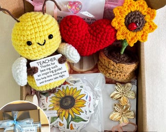 Personalized Teacher Gift Box Ideas Teacher Gift End of Year Gift To Teacher Birthday Gift Basket Custom Kindergarten,Crochet Bee/Sunflower