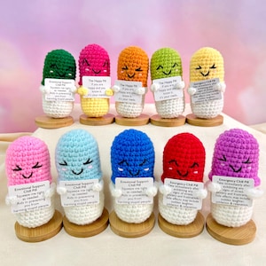 May include: Ten colourful crocheted pill-shaped plushies with smiling faces. Each plush holds a small card with text about emotional support and happiness. The plushies are displayed on small wooden bases.
