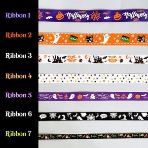 May include: A collection of seven Halloween-themed ribbons. The ribbons feature various designs, including pumpkins, bats, ghosts, spiderwebs, and the words "Happy Halloween" and "Trick or Treat?" in purple, orange, white, and black.