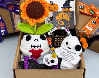 Personalized Halloween Gift Box|Crochet Sunflower/Ghost- Gift for Her,Best Friend Gift Box,Halloween Gift Set-Skull Plant,Ghost & Music Box