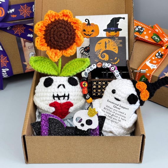 Personalized Halloween Gift Box|Crochet Sunflower/Ghost- Gift for Her,Best Friend Gift Box,Halloween Gift Set-Skull Plant,Ghost & Music Box