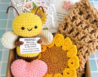 Personalized friend Gift Box Crochet Bee/Sunflower coaster,Self Care Box For Women,Stress Relief Gift,Friendship Gift,Care Package for Her