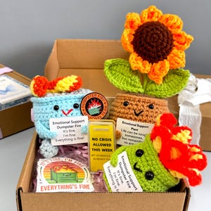 Può includere: Una confezione regalo piena di articoli all'uncinetto fatti a mano. Include un cassonetto blu, un girasole e un cactus verde, ognuno con facce sorridenti e la scritta "Emotional Support Dumpster Fire". Include anche un adesivo e un piccolo cartello.