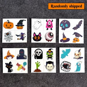 May include: A collection of Halloween-themed temporary tattoos. The designs include a jack-o'-lantern, witch, spider, ghost, monster, skull, bat, black cat, eyeball, tombstone, grim reaper, and vampire. The text "Randomly shipped" is in the top right corner.