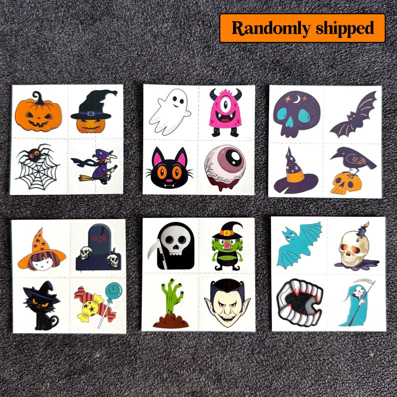 May include: A collection of Halloween-themed temporary tattoos. The designs include a jack-o'-lantern, witch, spider, ghost, monster, skull, bat, black cat, eyeball, tombstone, grim reaper, and vampire. The text "Randomly shipped" is in the top right corner.