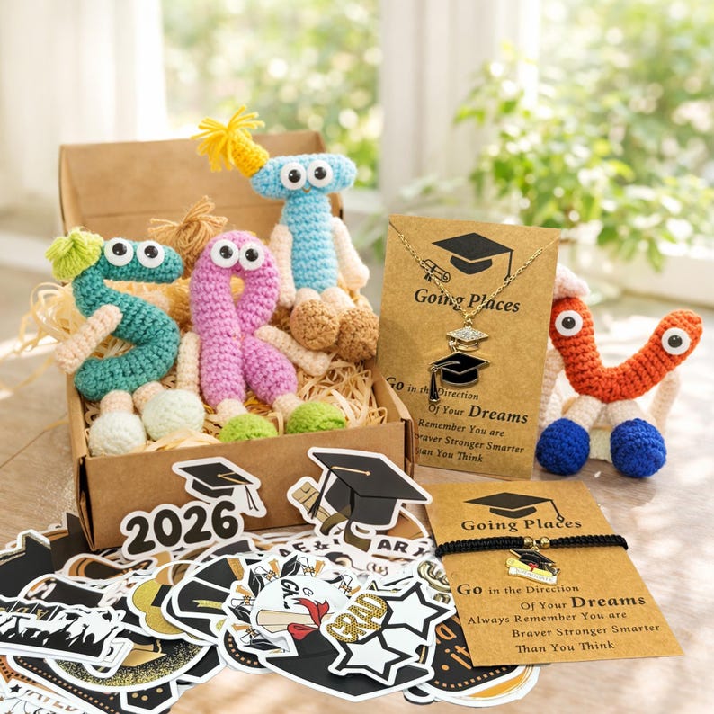 Letter Grad Gift Custom Crochet Letter Gift Box, Graduation Necklace, Bracelet, Stickers ...