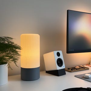 May include: A white and grey cylindrical lamp with a fabric shade sits on a white desk next to a white and black speaker. A green plant is in a white pot in the background.
