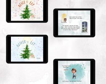 Könnte beinhalten: Vier digitale Tablets zeigen Seiten aus Kinderbüchern. Zwei Bildschirme zeigen Titelseiten mit einem Weihnachtsbaum und dem Text Alice and the Elf oder Oliver and the Elf. Zwei Bildschirme zeigen illustrierte Szenen mit Textdialogen.