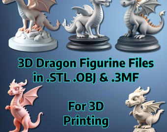 Puede incluir: Cinco figuras de dragón impresas en 3D en varias poses y colores. Los dragones están sobre pequeñas bases y están listos para la impresión 3D. El texto "3D Dragon Figurine Files in .STL .OBJ & .3MF For 3D Printing" se muestra debajo de los dragones.