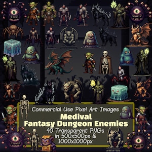 May include: A collection of 40 pixel art images of medieval fantasy dungeon enemies. The images are in PNG format and are available in two sizes: 500x500 pixels and 1000x1000 pixels. The images are for commercial use.