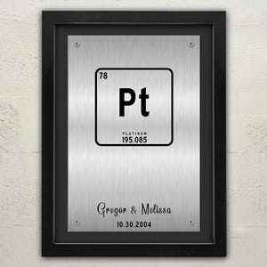 May include: A silver metal plaque with a black frame. The plaque has a black and white periodic table element symbol for platinum, Pt, with the atomic number 78 and atomic weight 195.085. The plaque also has the text "Gregor & Melissa 10.30.2004".