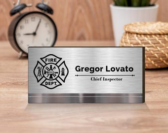 Firefighter Metal Desk Name Sign, Fire Chief Name Plate, Firefighter Gift for Men, Fire Department Gift with Logo, Fire Chief gift Ideas