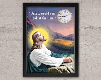 Funny Jesus Framed Clock Decor: Religious Wall Art (12x16 inches)