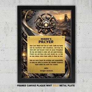 Miner’s Prayer Framed Canvas Wall Art – Metal Prayer Plaque, Miner Gift
